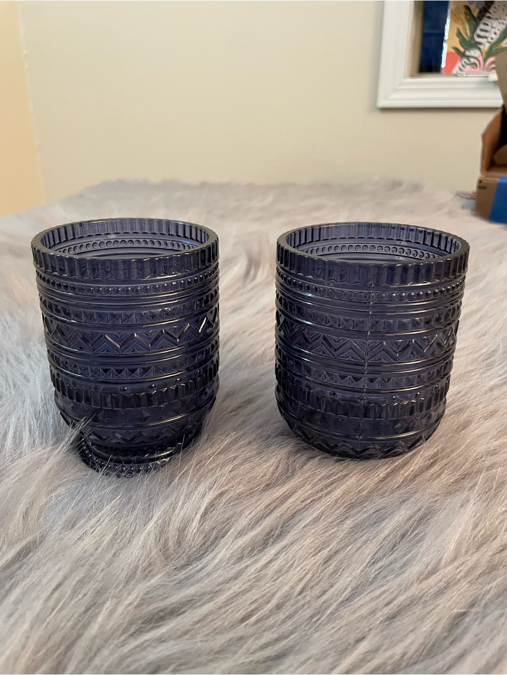 Decorative Textured Glass Candle Holder Pair - Deep Blue